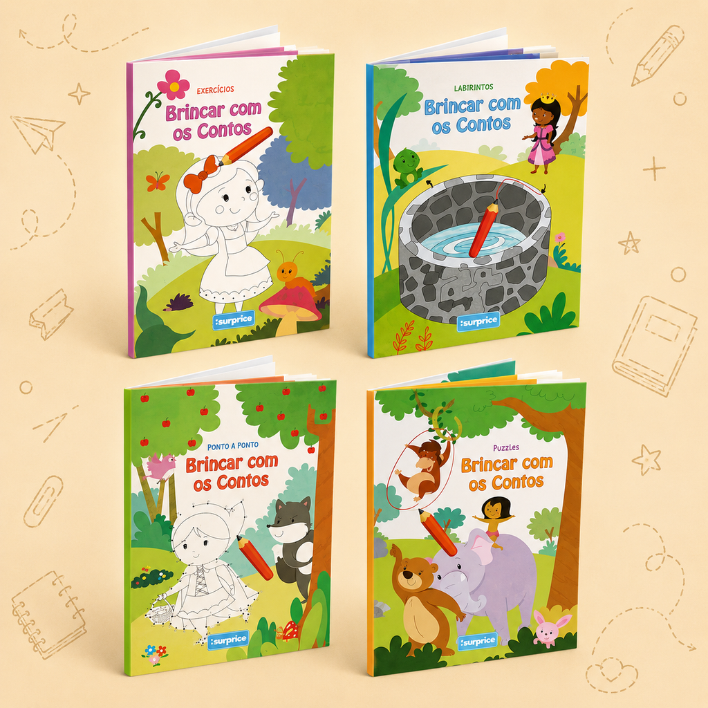 Kit Creativo Hábitos de Lectura - "Jugar con los Cuentos - Ejercicios | Laberintos | Punto a Punto | Puzles" - Con guía práctica para que el adulto acompañe + Estuche TOTTO, Cuaderno A5, Bloc A5, Lápices de Colores Giotto y Material de Escritura.