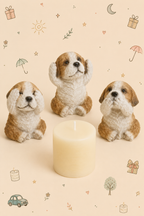 Conjunto Decorativo "Los Tres Perros Sabios" Ciego/Sordo/Mudo - con Vela marfil