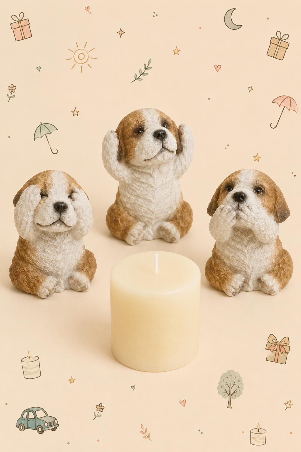 Conjunto Decorativo "Los Tres Perros Sabios" Ciego/Sordo/Mudo - con Vela marfil