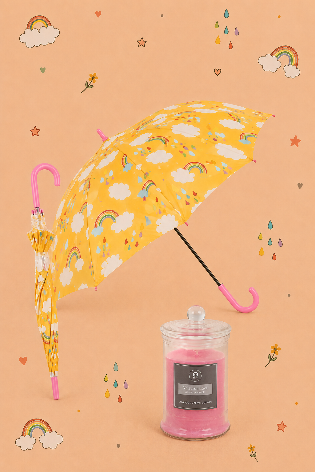 Kit Rainbow - Protección, Luz y Buenas Energías | Paraguas con Arcoíris y Vela Perfumada | Disponible en 3 Colores