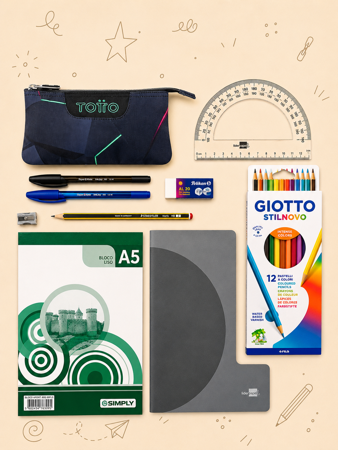 Kit Criativo Hábitos de Leitura – "As Minhas Aventuras" + Estojo TOTTO | Caderno A5 | Bloco A5 | Lápis de Cor Giotto | Acessórios de Escrita.