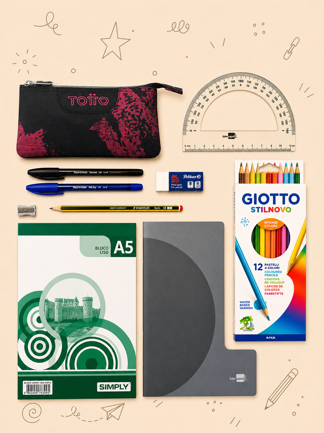 Kit Criativo Hábitos de Leitura – "As Minhas Aventuras" + Estojo TOTTO | Caderno A5 | Bloco A5 | Lápis de Cor Giotto | Acessórios de Escrita.