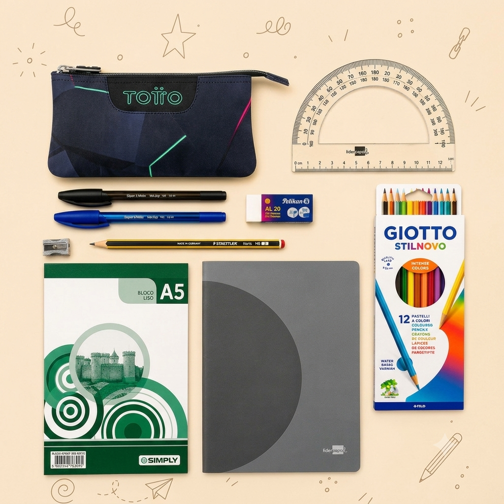 School Kit LASER | Totto Pencil Case, A5 Notebook, A5 Pad, Giotto Coloured Pencils and Writing Materials