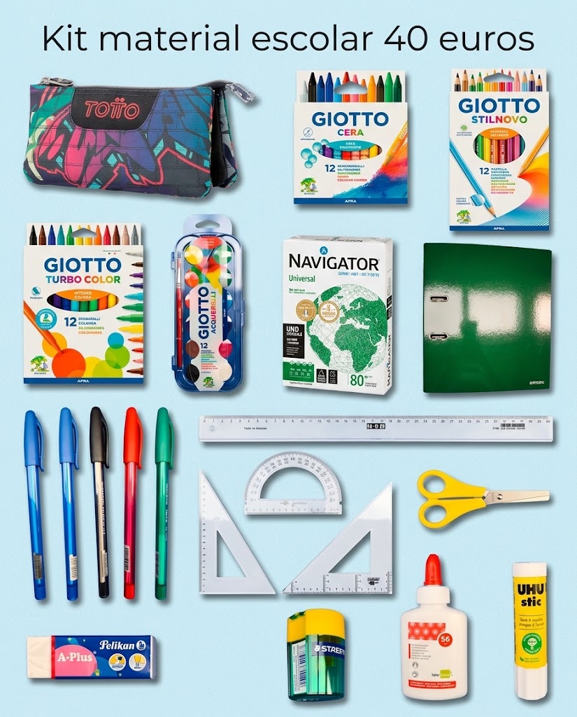 Kit Material Escolar Completo | 40Eur | Estuche TOTTO - Varios Diseños Disponibles | Giotto, Paper Mate y Navigator