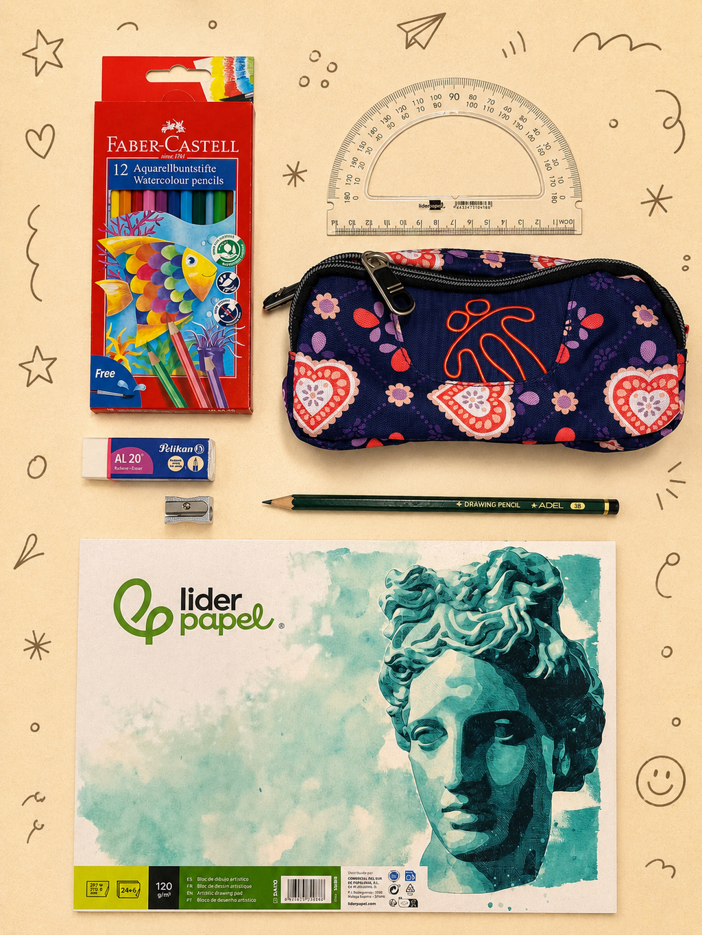 Kit Creativo "Calm and Peace – Colouring Animals" + Estuche TOTTO | Bloc de Dibujo | Lápices de Colores FABER-CASTELL | Accesorios de dibujo