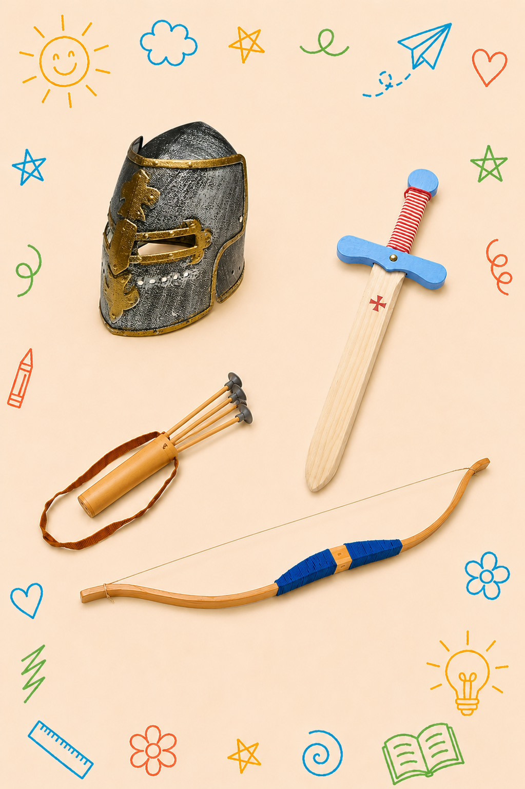 Kit Creativo Educativo - Medieval | Casco, Espada, Arco y Flechas | Guía práctica para que el adulto acompañe | Accesorios para dibujar y escribir