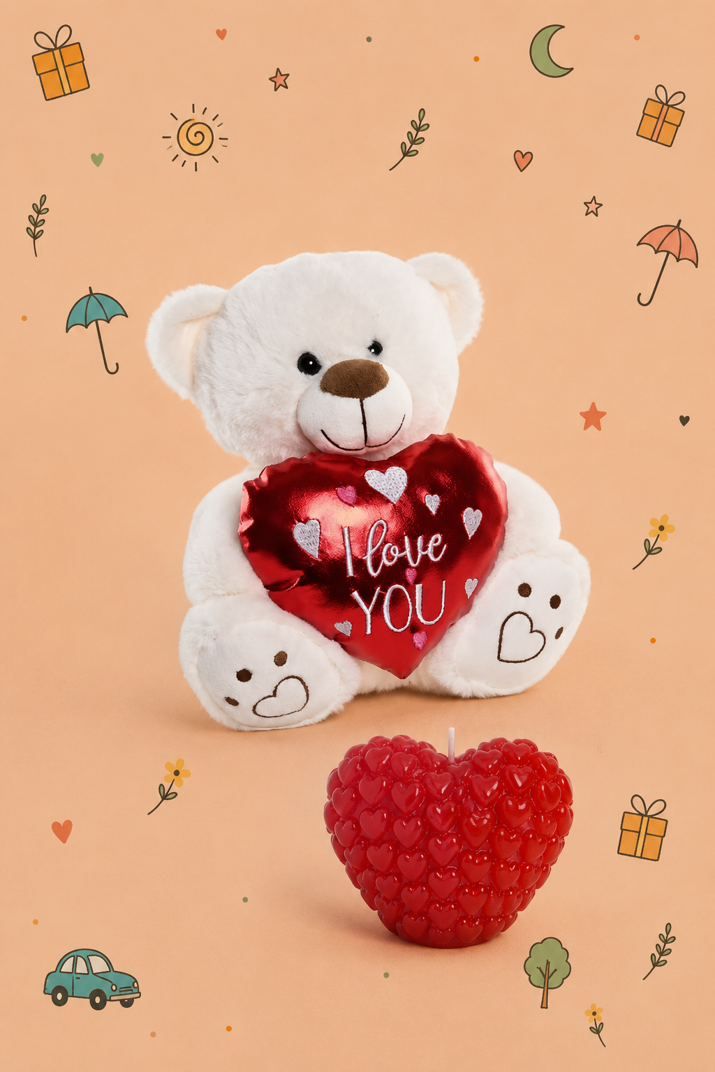 Kit Amor Especial | Peluche I LOVE YOU y Vela Corazón | Osito Disponible en 2 Colores