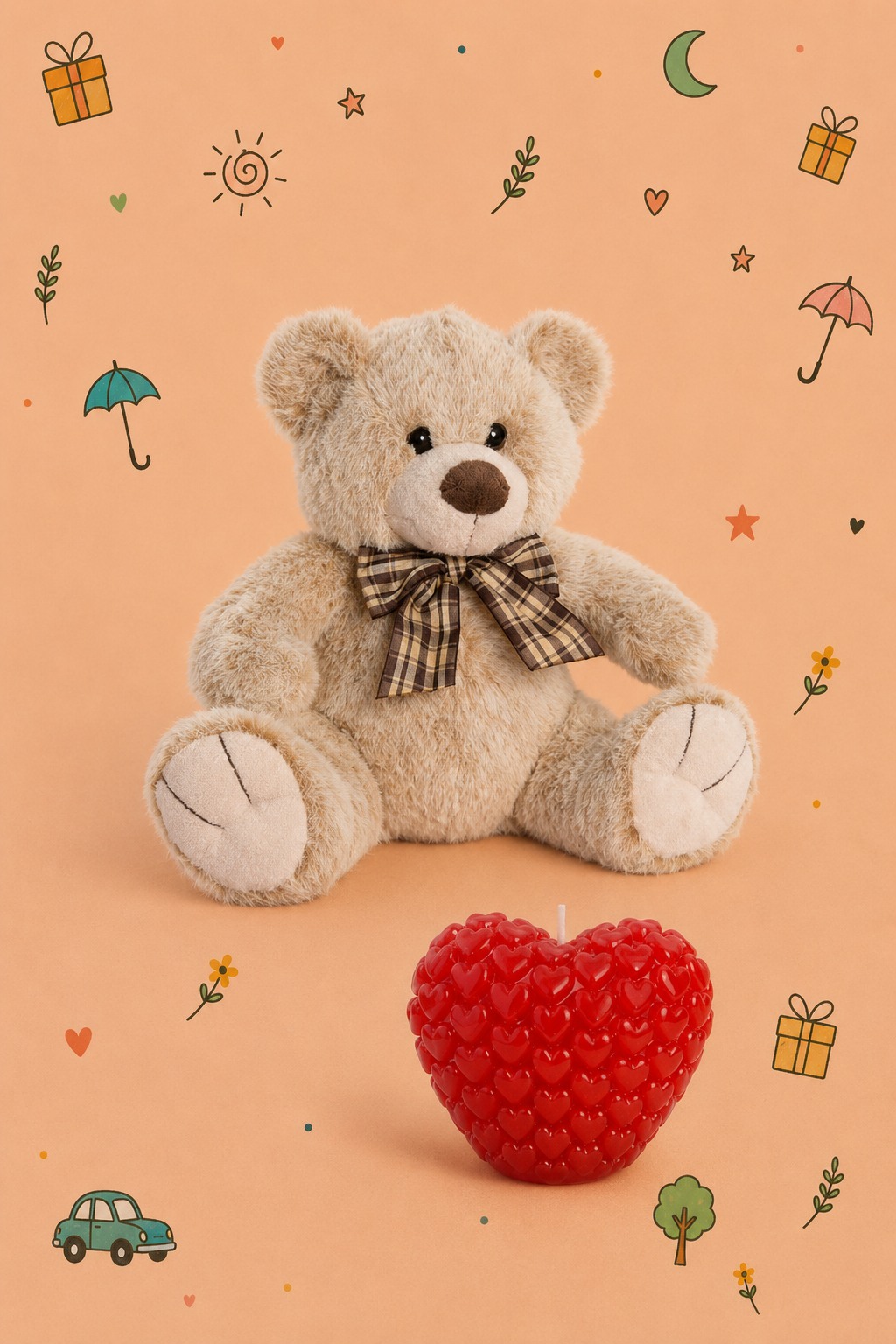 Kit Osito del Corazón | Peluche y Vela Decorativa Corazón | Oso Disponible en 2 Colores