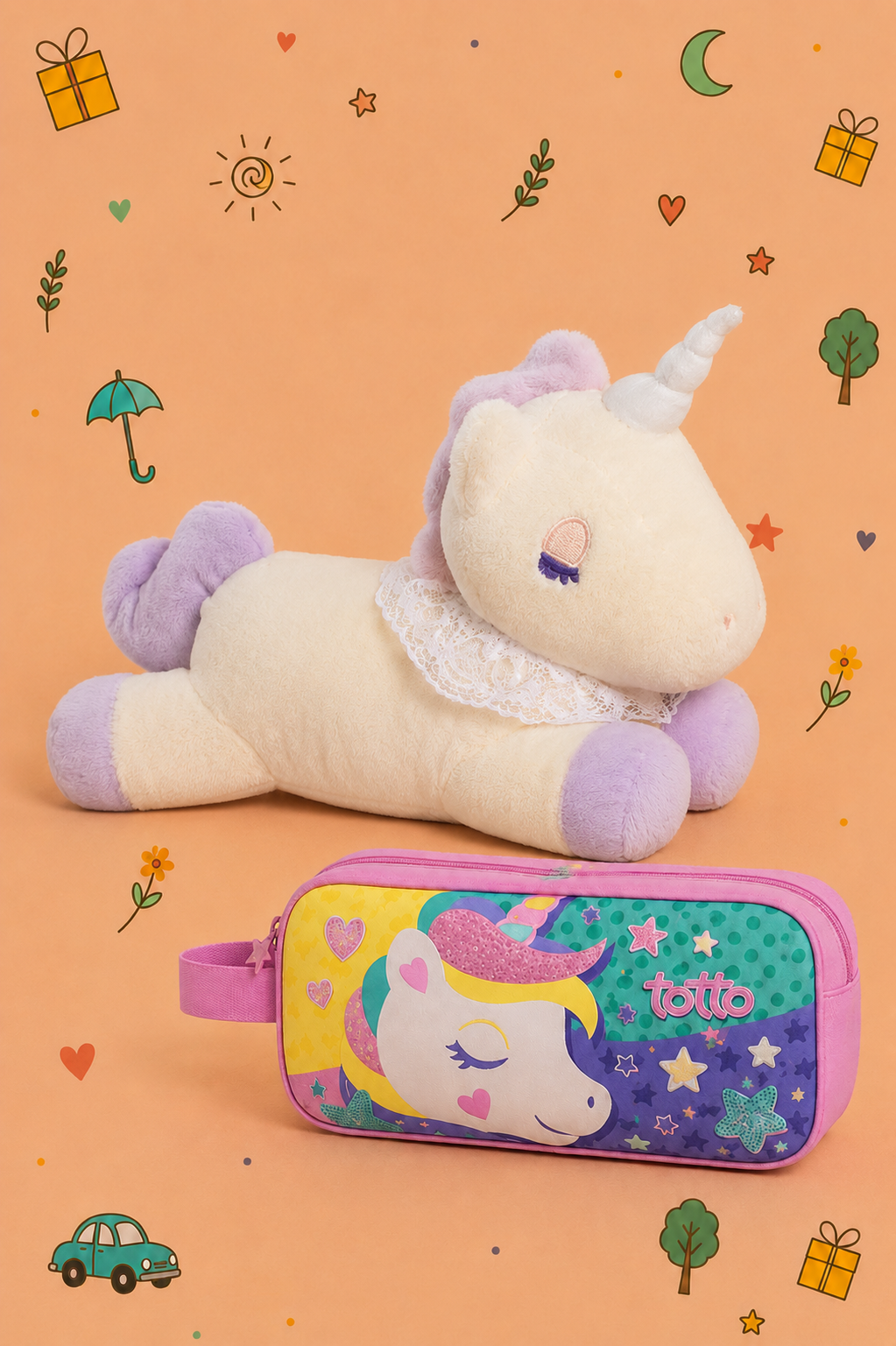 Kit Unicórnio | Peluche + Estojo Duplo TOTTO | Presente Infantil | Disponível em 2 cores