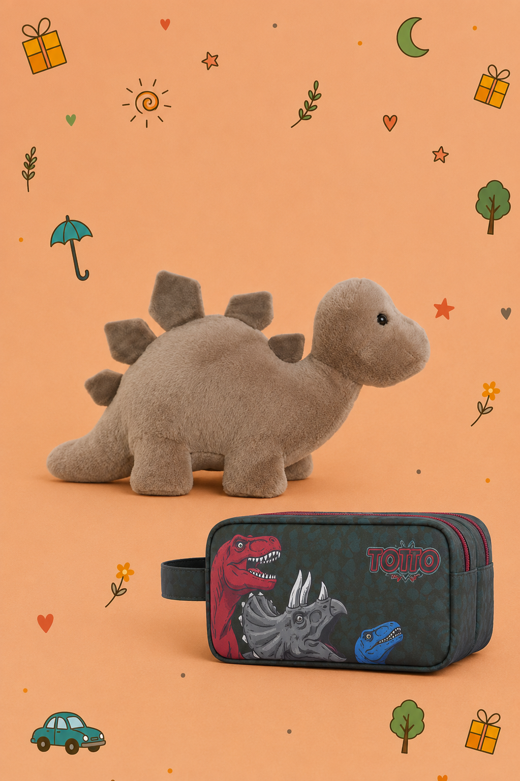 Kit Dinosaurio Aventurero | Peluche Gigante + Estuche Doble TOTTO | Peluche disponible en 3 modelos