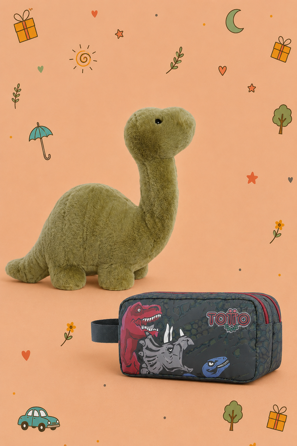 Kit Dinosaurio Aventurero | Peluche Gigante + Estuche Doble TOTTO | Peluche disponible en 3 modelos