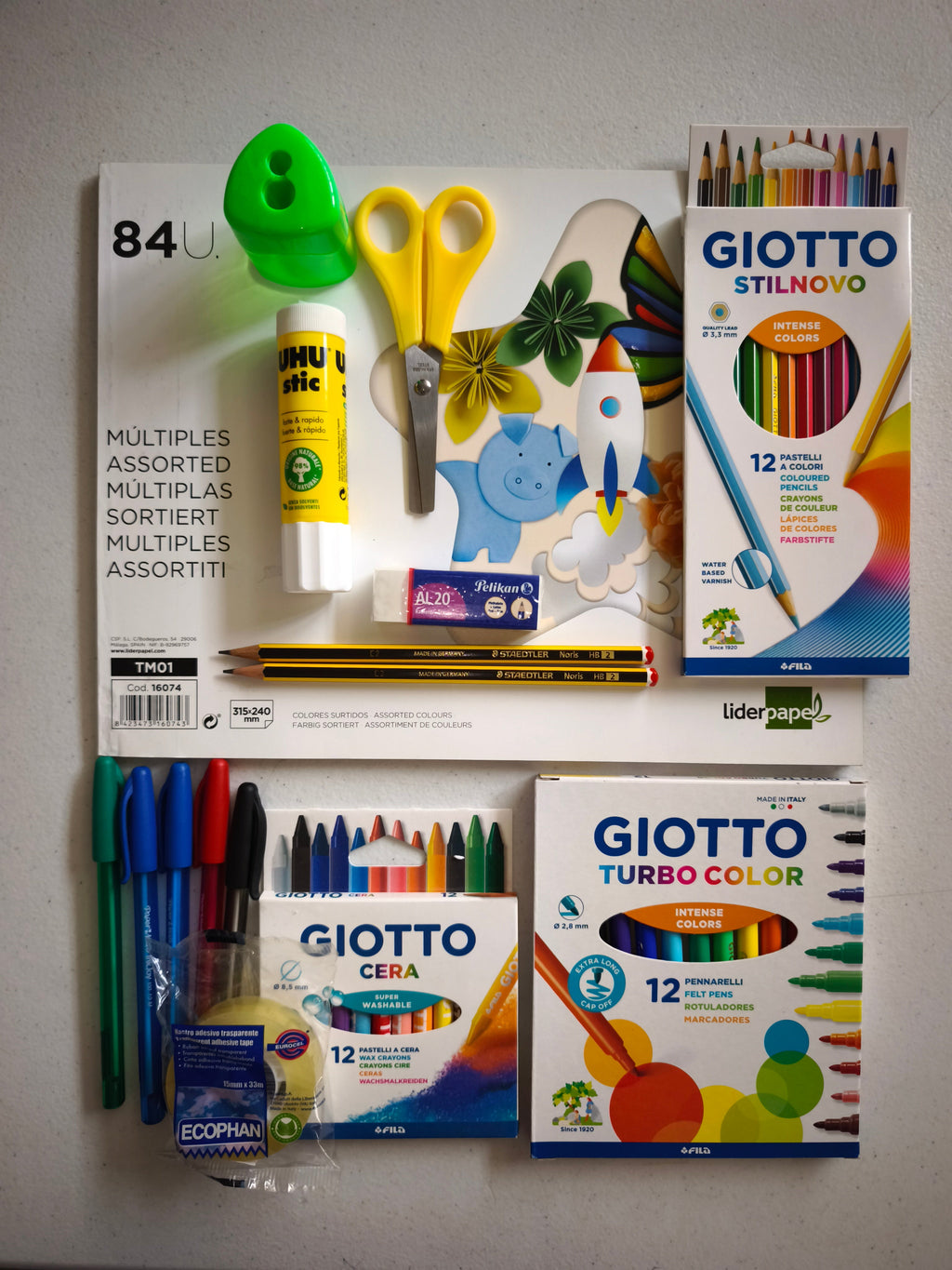 Kit Material Escolar 1.º Ciclo – Giotto, UHU, Pelikan, Liderpapel e Staedtler